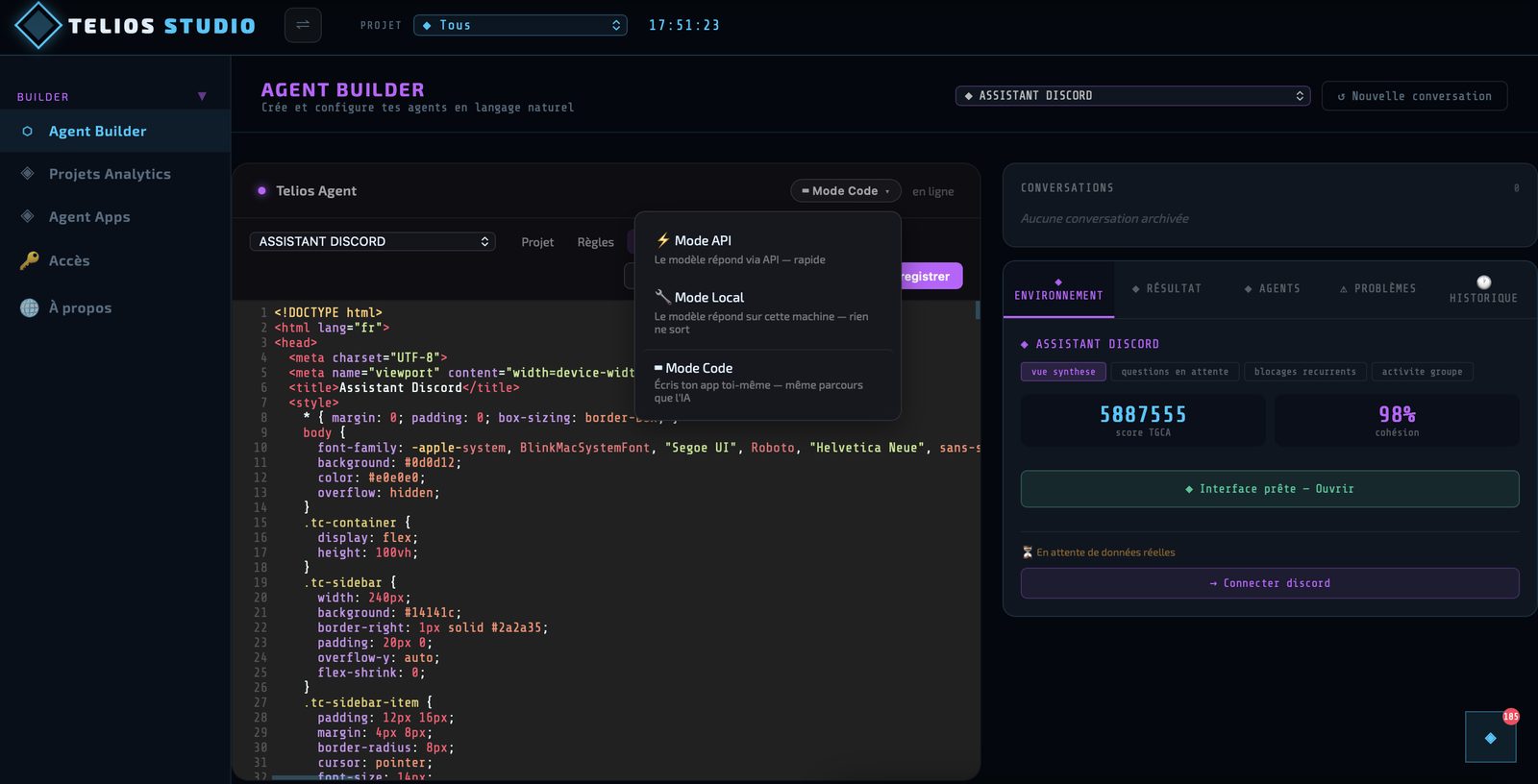 L'Agent Builder de TELIOS Studio : le code d'une app ouvert dans l'éditeur, et le
              menu qui propose le Mode API, le Mode Local et le Mode Code.