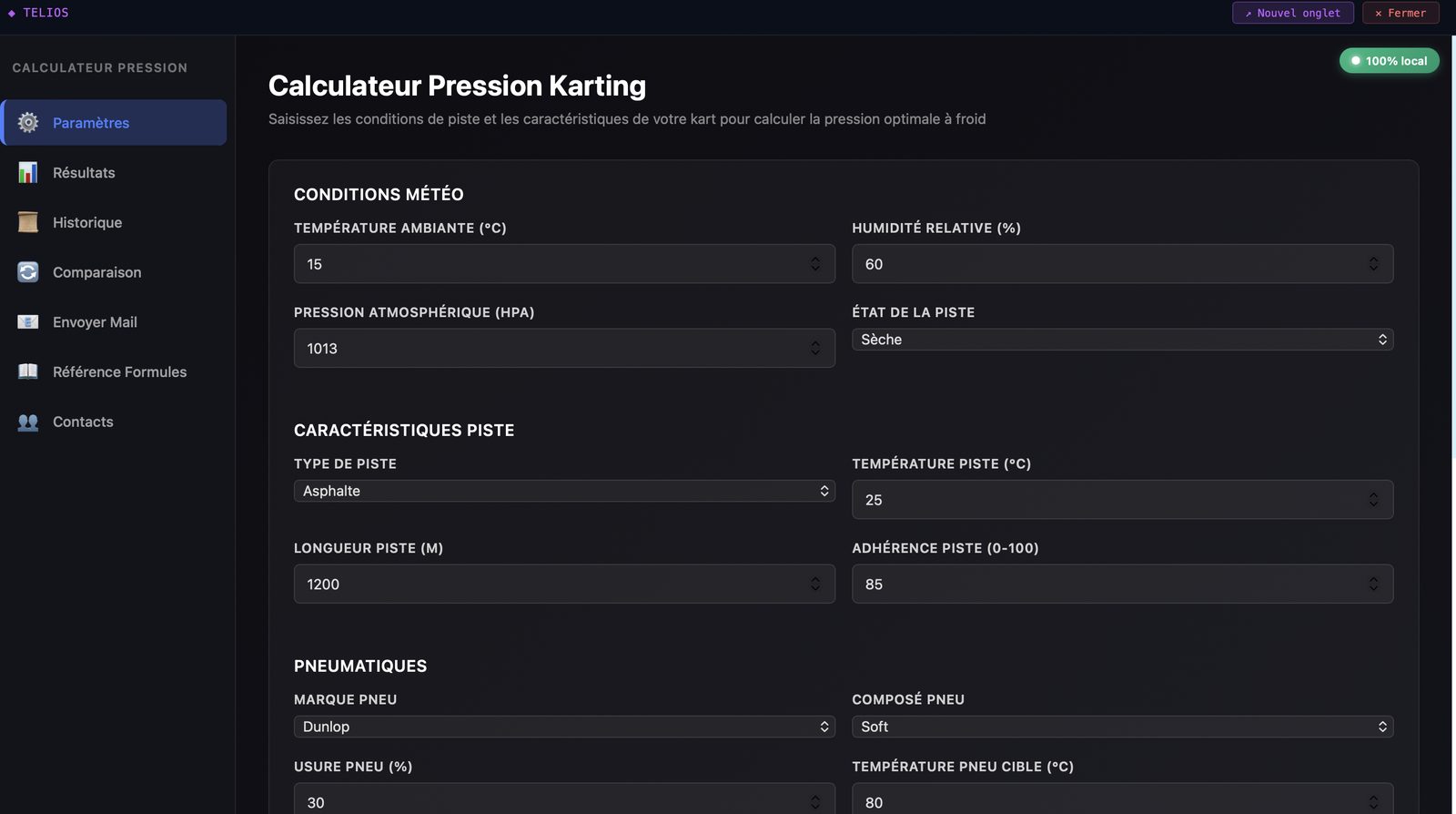 Calculateur de pression de pneumatiques pour le karting