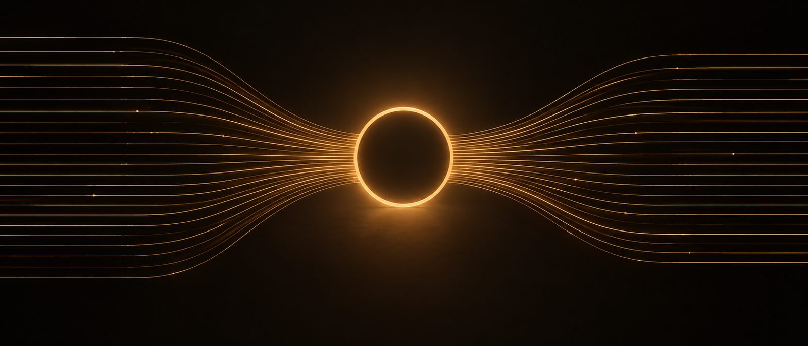 Des lignes lumineuses convergeant vers un anneau, puis repartant de l'autre côté.